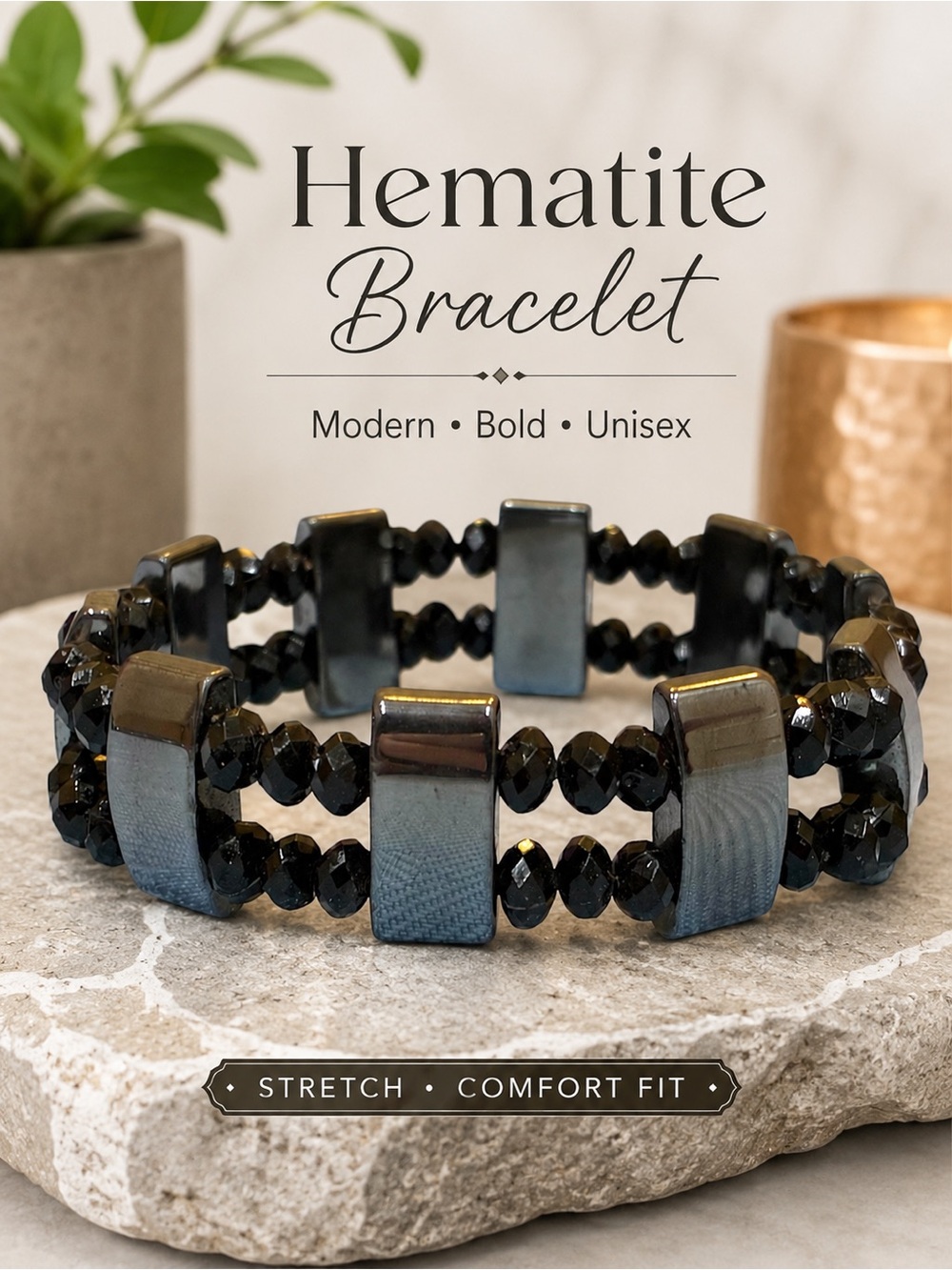 Modern Hematite Double-Strand Stretch Bracelet | Geometric Black Beads | Unisex